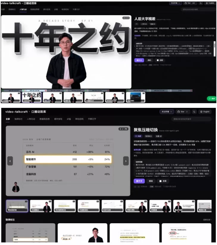 AI智能视频口播一键剪辑,轻松出效果!口播动效库Skill来了,一键给添加动态文字、数据展示等video-talkcraft