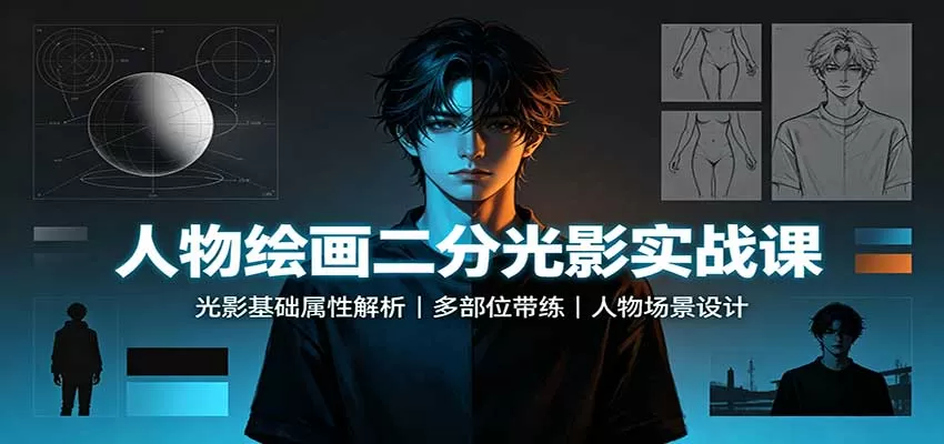人物绘画二分光影实战课：光影基础属性解析，多部位带练，人物场景设计