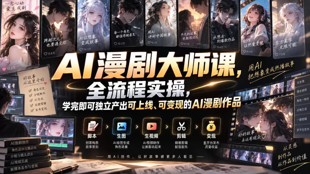 AI漫剧大师课，全流程实操，学完即可独立产出可上线、可变现的AI漫剧作品
