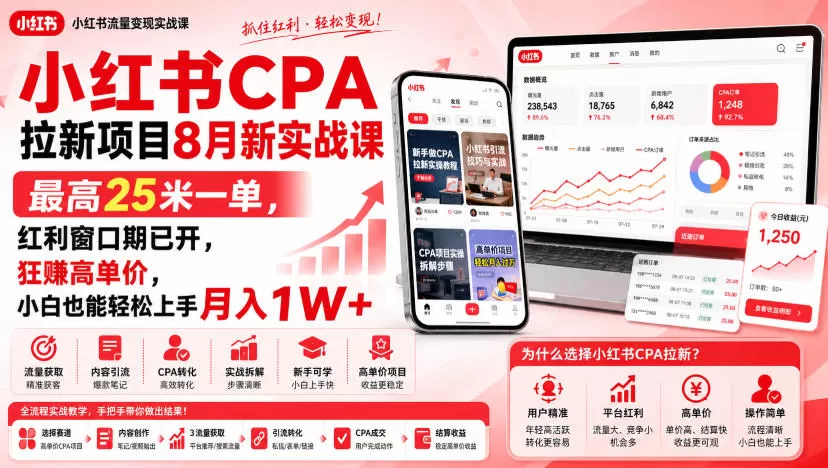 小红书CPA拉新项目8月新实战课，最高25米一单，红利窗口期已开，狂賺高单价，小白也能轻松上手月入1W+（更新0908）