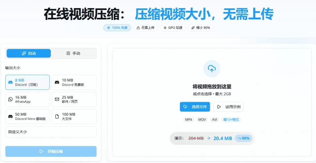 100%免费的在线视频压缩工具，GPU加速！视频压缩，无需上传，隐私保护，超级便捷Videocompressors