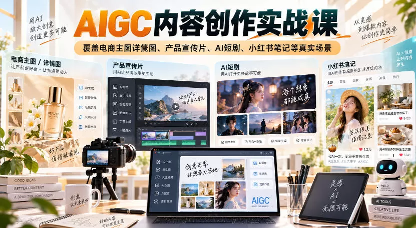 AIGC内容创作实战课，覆盖电商主图详情图、产品宣传片、AI短剧、小红书笔记等真实场景