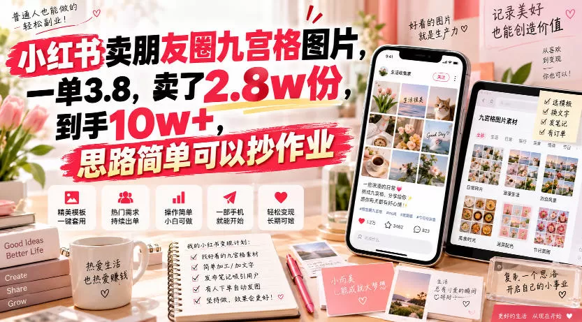 小红书卖朋友圈九宫格图片，一单3.8，卖了2.8w份，到手10w+，思路简单可以抄作业