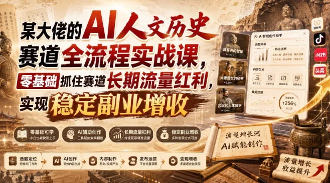某大佬的AI人文历史赛道全流程实战课，零基础抓住赛道长期流量红利，实现稳定副业增收（更新）