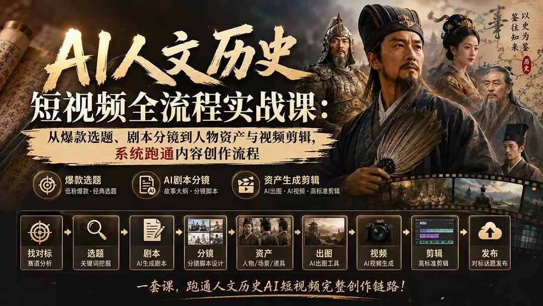 （20476期）AI人文历史短视频全流程实战课-更新：从爆款选题、剧本分镜到人物资产与视频剪辑，系统跑通内容创作流程