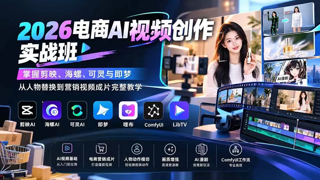（20466期）2026电商AI视频创作实战班：掌握剪映、海螺、可灵与即梦，从人物替换到营销视频成片完整教学