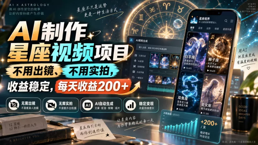 AI制作星座视频项目，不用出镜、不用实拍，收益稳定，每天收益200+