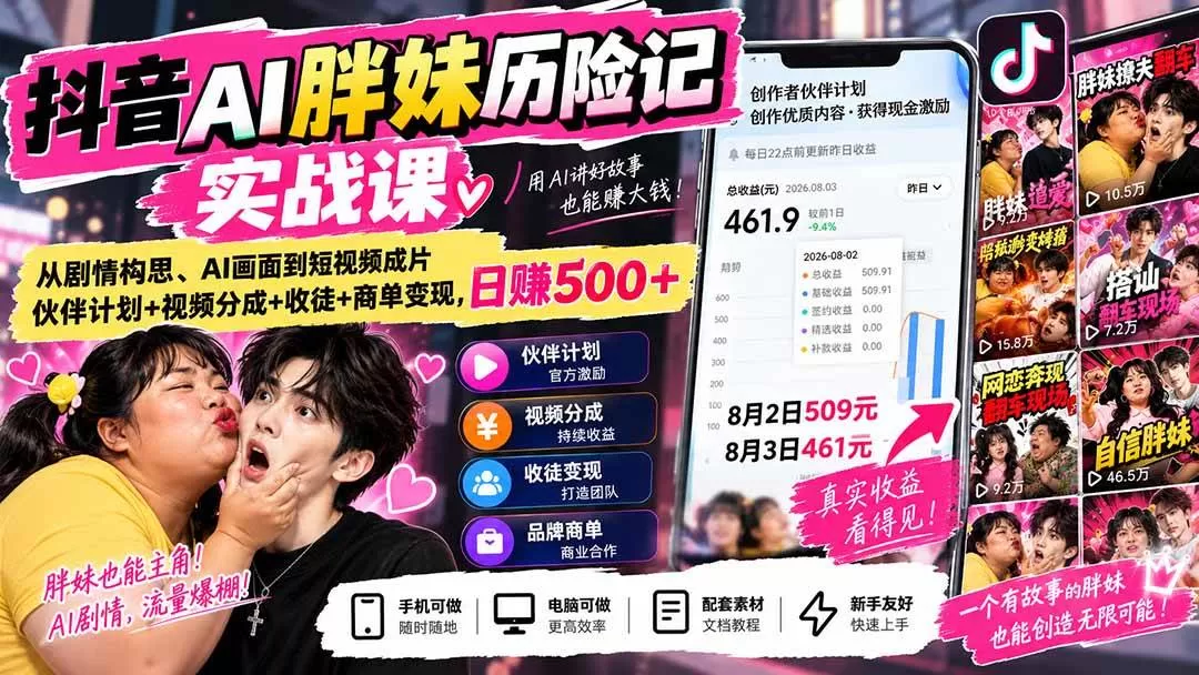 （20489期）抖音AI胖妹历险记实战课：从剧情构思、AI画面到短视频成片，伙伴计划+视频分成+收徒+商单变现，日赚500+