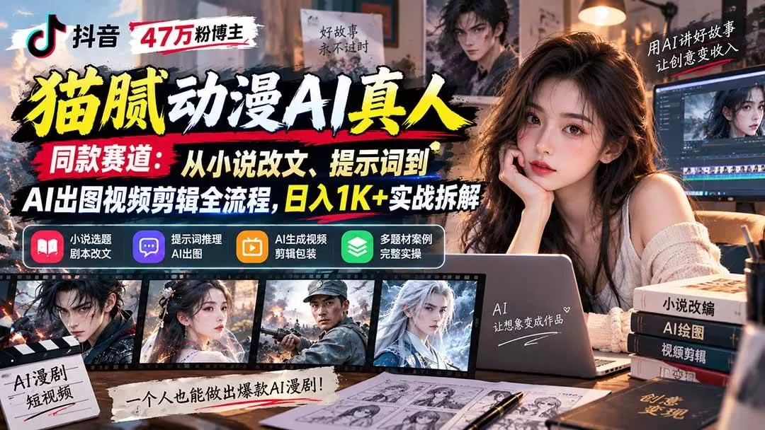 （20524期）抖音47万粉博主猫腻动漫AI真人同款赛道：从小说改文、提示词到AI出图视频剪辑全流程，日入1K+实战拆解