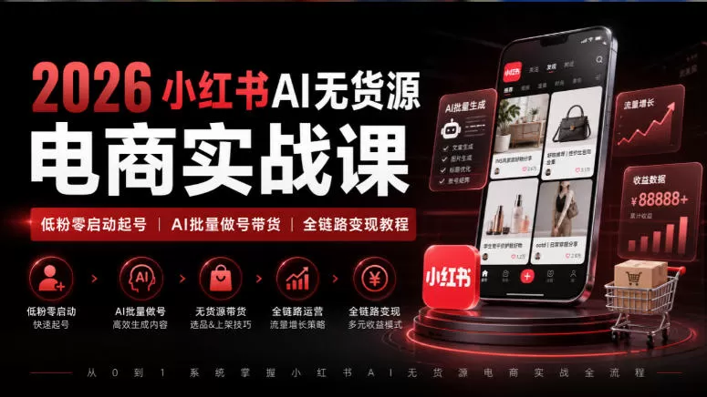 2026小红书AI无货源电商实战课｜低粉零启动起号｜AI批量做号带货全链路变现教程