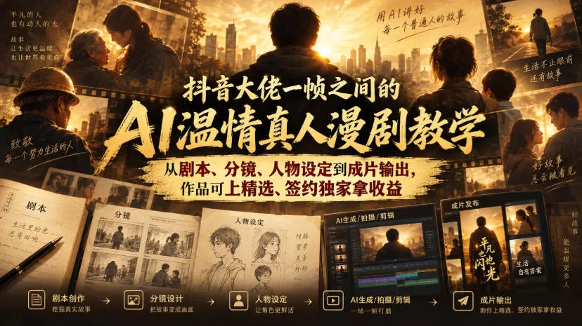 抖音大佬一帧之间的AI温情真人漫剧教学，从剧本、分镜、人物设定到成片输出，作品可上精选、签约独家拿收益