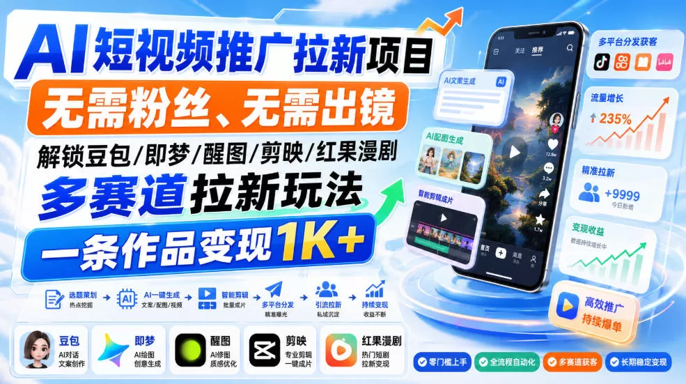 AI短视频推广拉新项目，无需粉丝、无需出镜，解锁豆包/即梦/醒图/剪映/红果漫剧多赛道拉新玩法，一条作品变现1K+（更新0918）
