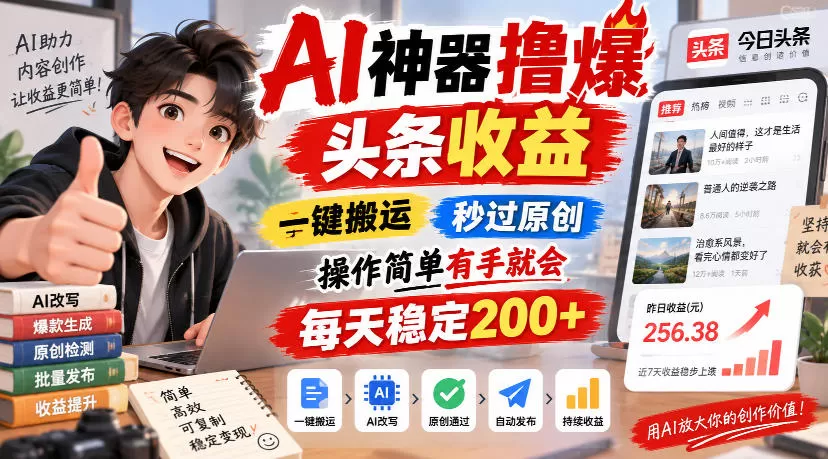 AI神器撸爆头条收益，一键搬运，秒过原创，操作简单有手就会，每天稳定200+【揭秘】