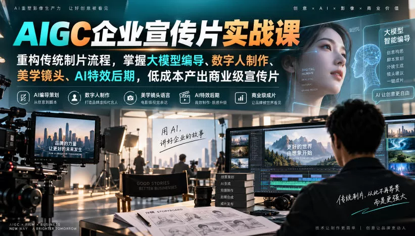 AIGC企业宣传片实战课,重构传统制片流程,掌握大模型编导、数字人制作、美学镜头、AI特效后期,低成本产出商业级宣传片