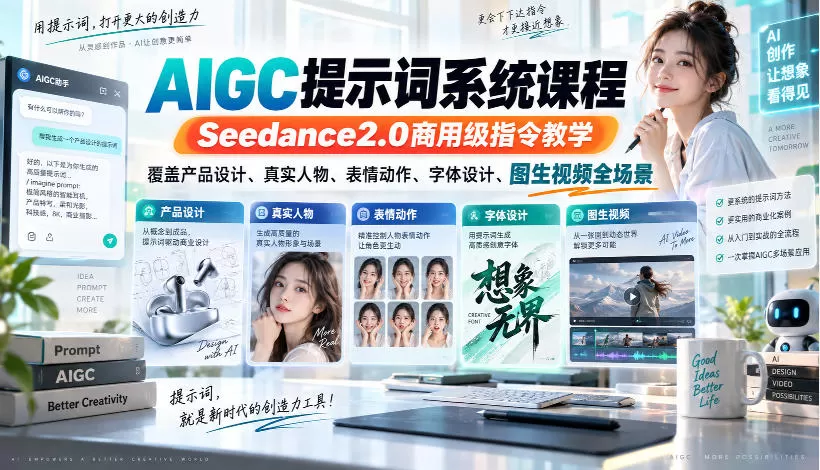 AIGC提示词系统课程，Seedance2.0商用级指令教学，覆盖产品设计、真实人物、表情动作、字体设计、图生视频全场景