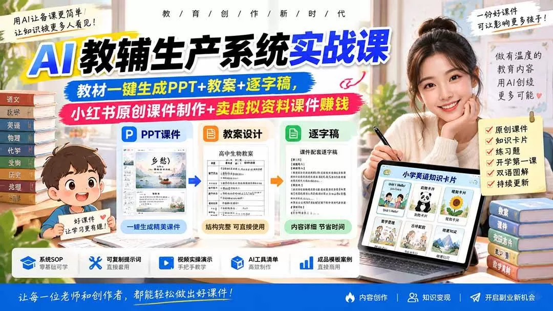 （20583期）AI教辅生产系统实战课-更新0922｜教材一键生成PPT+教案+逐字稿，小红书原创课件制作+卖虚拟资料课件赚钱