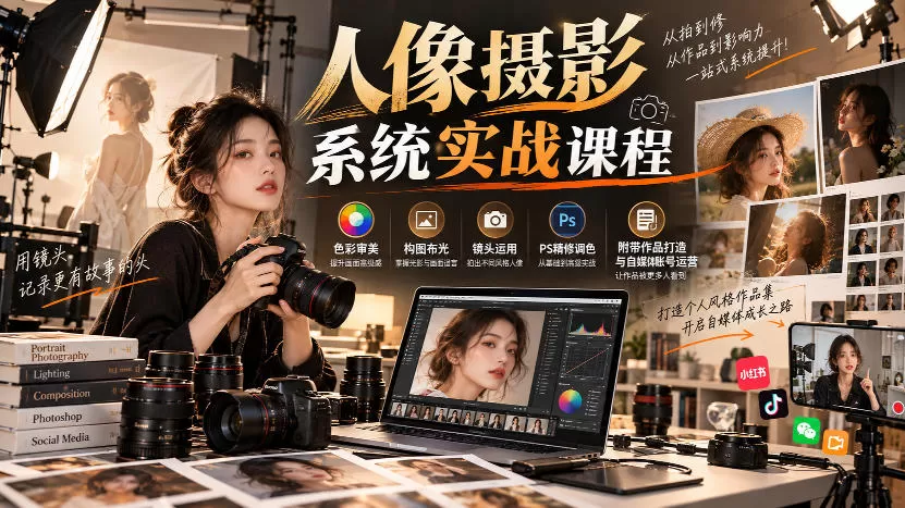 【无水印】人像摄影系统实战课程，色彩审美、构图布光、镜头运用、PS精修调色，附带作品打造与自媒体账号运营