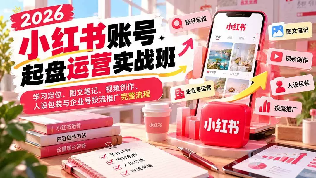 （20647期）2026小红书账号起盘运营实战班：学习定位、图文笔记、视频创作、人设包装与企业号投流推广完整流程
