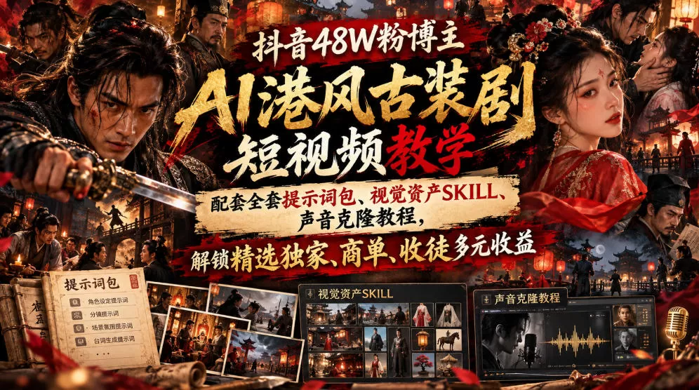 抖音48W粉博主AI港风古装剧短视频教学，配套全套提示词包、视觉资产SKILL、声音克隆教程，解锁精选独家、商单、收徒多元收益