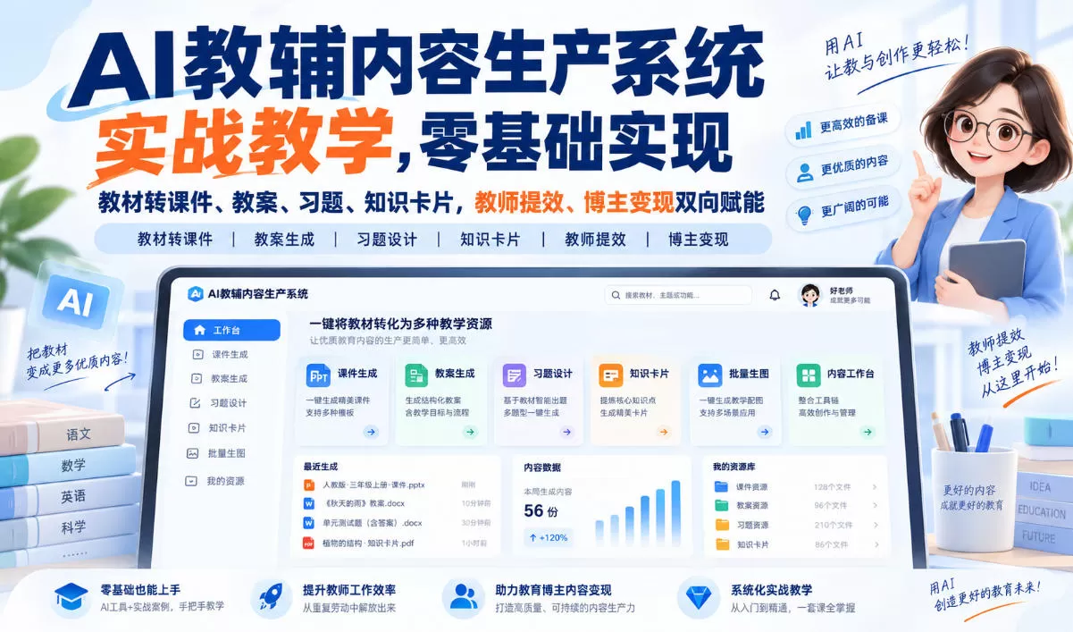 【无水印】AI教辅内容生产系统实战教学，零基础实现教材转课件、教案、习题、知识卡片，教师提效、博主变现双向赋能（更新0926）