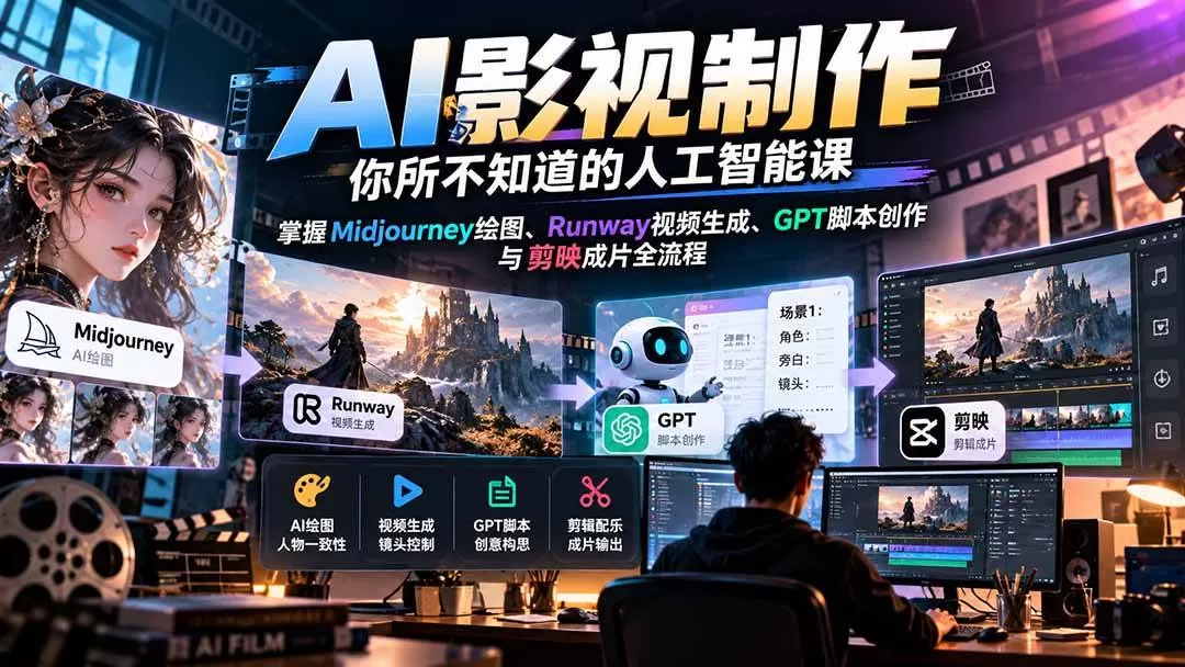 （20681期）AI影视制作-你所不知道的人工智能课，掌握Midjourney绘图、Runway视频生成、GPT脚本创作与剪映成片全流程