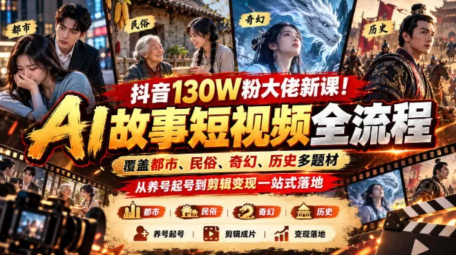 抖音130W粉大佬新课！AI故事短视频全流程，覆盖都市、民俗、奇幻、历史多题材，从养号起号到剪辑变现一站式落地
