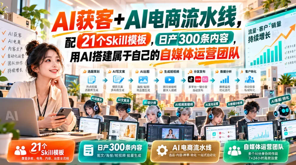 【无水印】AI获客+AI电商流水线，配21个Skill模板，日产300条内容，用AI搭建属于自己的自媒体运营团队（更新0929）
