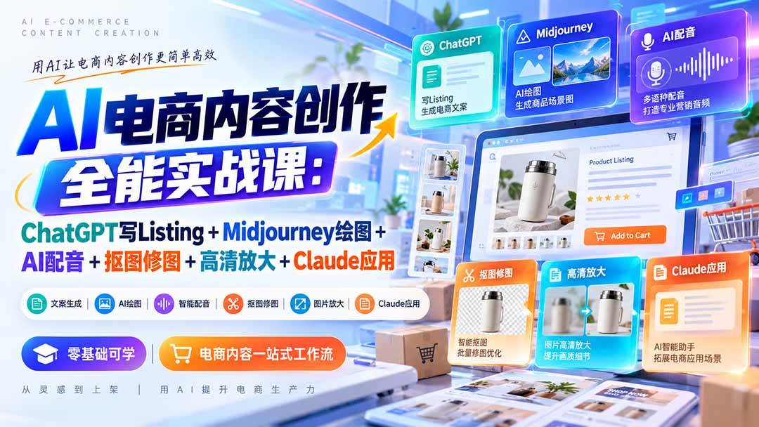 （20770期）【无水印】AI电商内容创作全能实战课：ChatGPT写Listing+Midjourney绘图+AI配音+抠图修图+高清放大+Claude应用