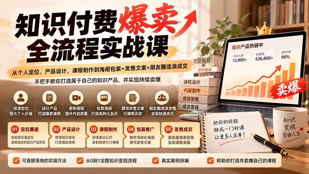 （20787期）【无水印】知识付费爆卖全流程实战课：从个人定位、产品设计、课程制作到海报包装+发售文案+朋友圈造浪成交
