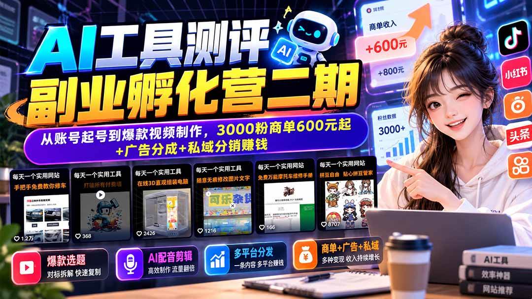 （20800期）AI工具测评副业孵化营二期：从账号起号到爆款视频制作，3000粉商单600元起+广告分成+私域分销赚钱