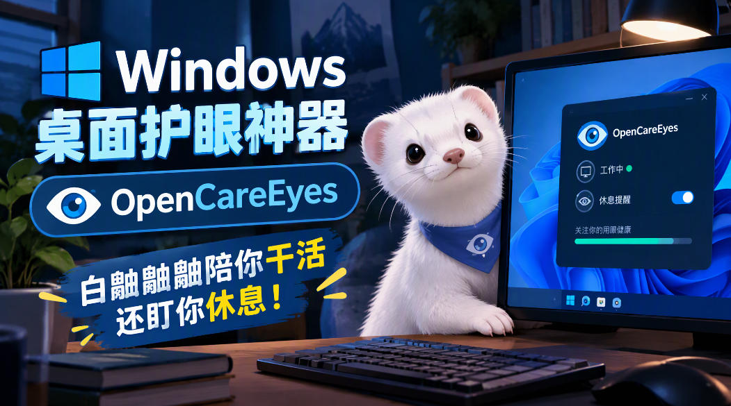 Windows桌面护眼神器OpenCareEyes，白鼬鼬鼬陪你干活还盯你休息！