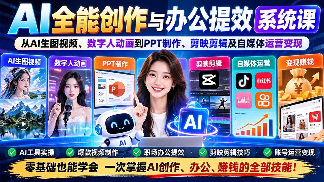 （20883期）AI全能创作与办公提效系统课：从AI生图视频、数字人动画到PPT制作、剪映剪辑及自媒体运营变现