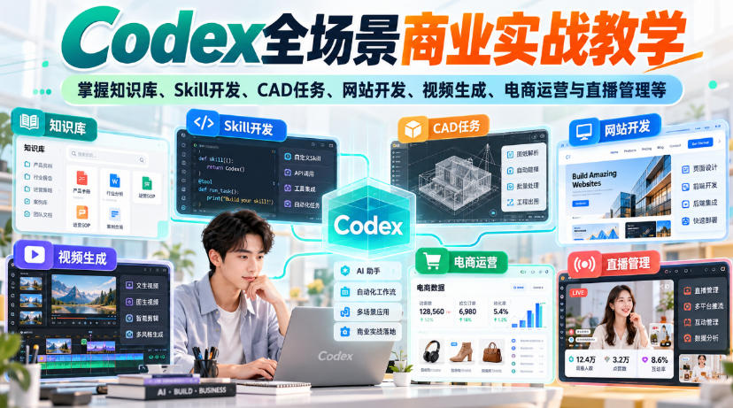 Codex全场景商业实战教学，掌握知识库、Skill开发、CAD任务、网站开发、视频生成、电商运营与直播管理等（更新1012）