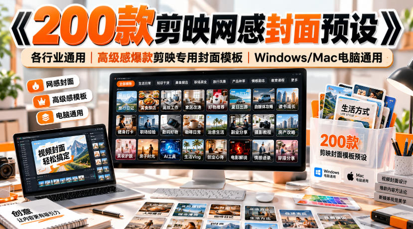 《200款剪映网感封面预设》各行业通用｜高级感爆款剪映专用封面模板｜Windows/Mac电脑通用