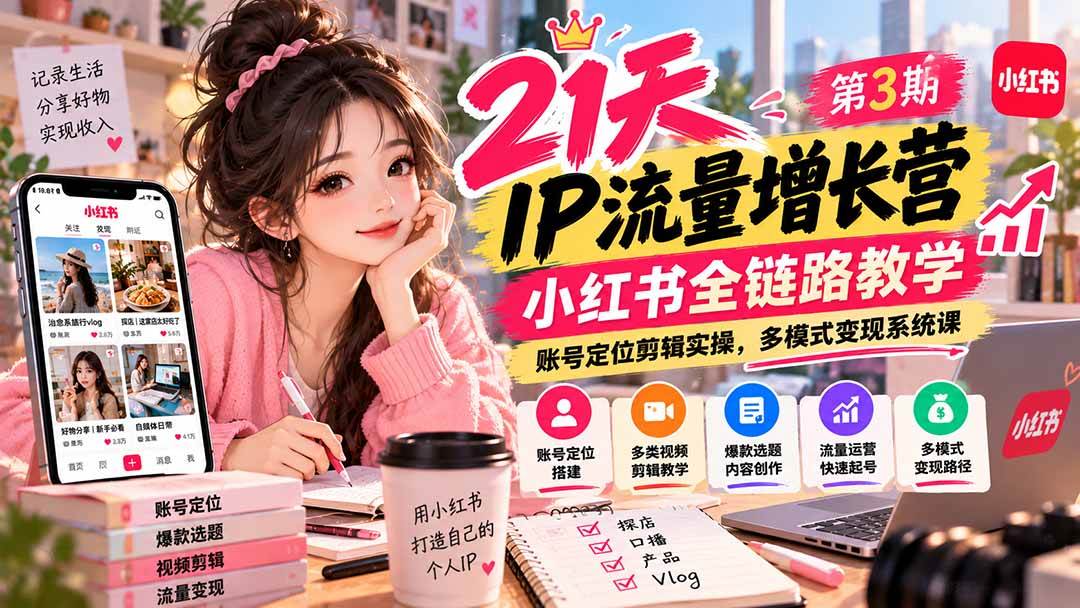 （20992期）【无水印】21天IP流量增长营-第3期，小红书全链路教学，账号定位剪辑实操，多模式变现系统课