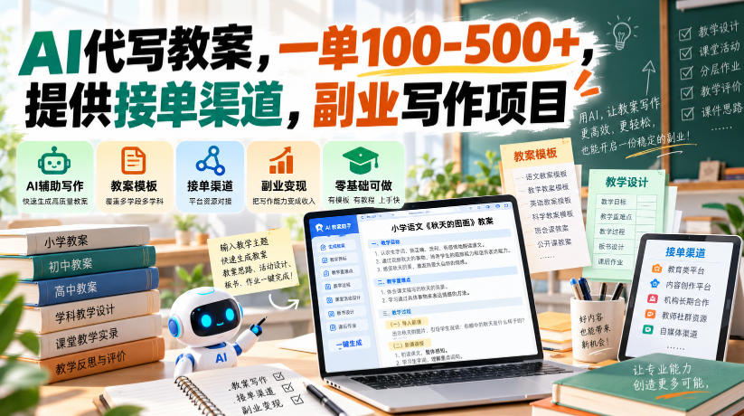 AI代写教案，一单100-500+，提供接单渠道，副业写作项目