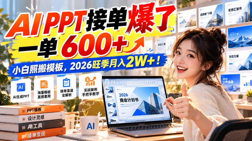 AI PPT接单爆了，一单600+，小白照搬模板，2026旺季月入2W+！