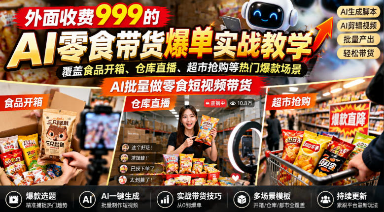 外面收费999的AI零食带货爆单实战教学，覆盖食品开箱、仓库直播、超市抢购等热门爆款场景，AI批量做零食短视频带货（更新1019）