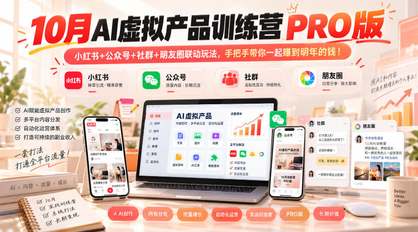 10月AI虚拟产品训练营PRO版，小红书+公众号+社群+朋友圈联动玩法，手把手带你一起赚到明年的钱！（更新1022）