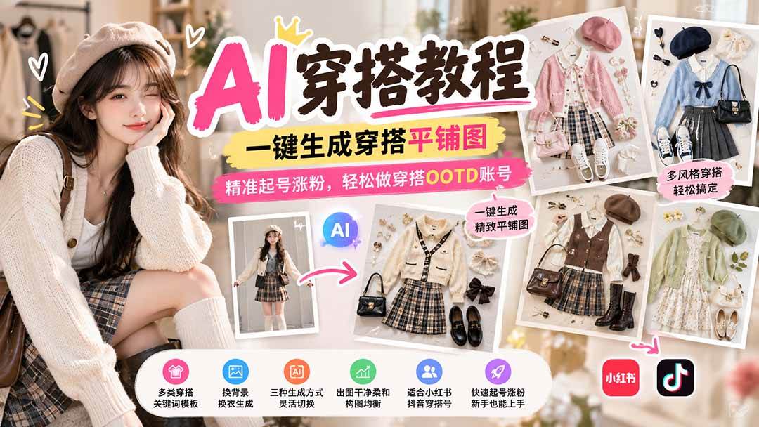 （21134期）【无水印】AI穿搭教程｜一键生成穿搭平铺图，精准起号涨粉，轻松做穿搭OOTD账号
