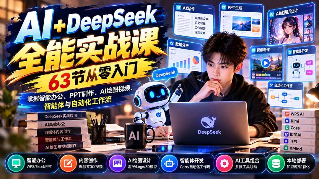 (21141期)AI+DeepSeek全能实战课:63节从零入门,掌握智能办公、PPT制作、AI绘图视频、智能体与自动化工作流 (21141期)AI+DeepSeek全能实战课:63节从零入门,掌握智能办公、PPT制作、AI绘图视频、智能体与自动化工作流